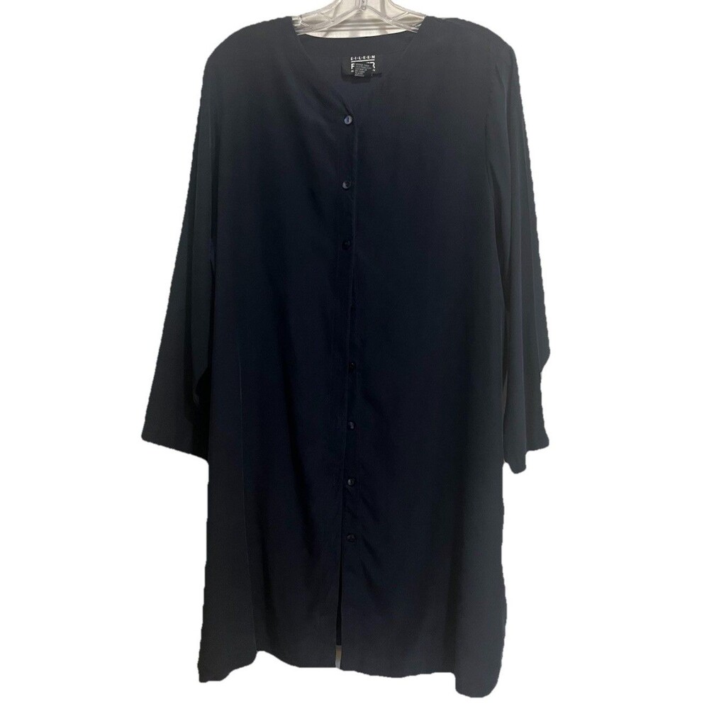 Vintage Eileen Fisher 100% Silk Dress Size 2 Navy Band Collar Button Front Shift